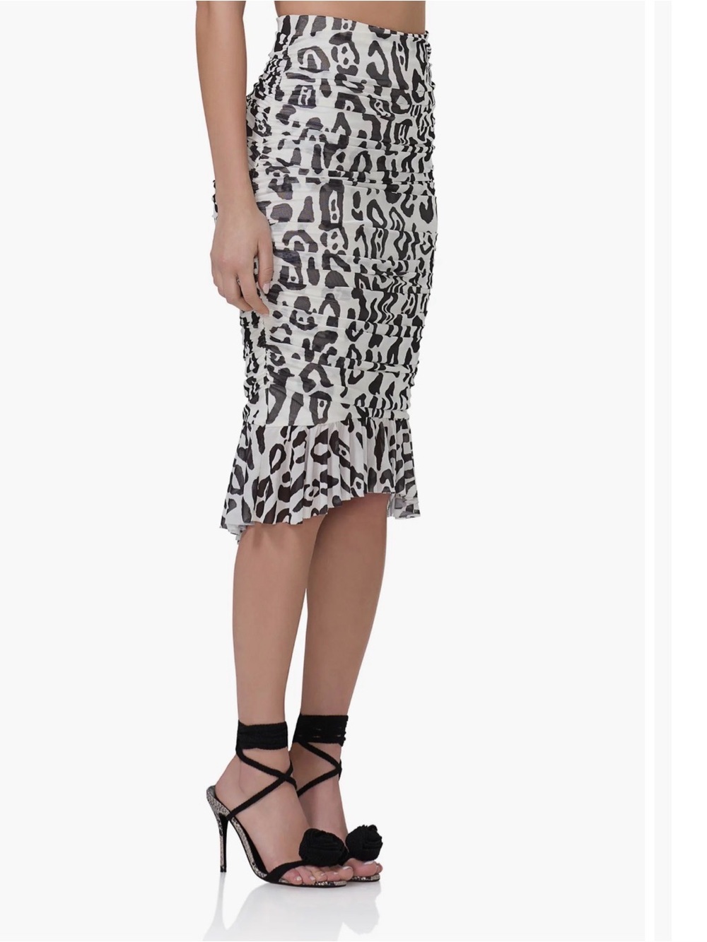 AFRM Ronica Ruched Mesh Black & White Animal Print Pencil Skirt High Low Hem